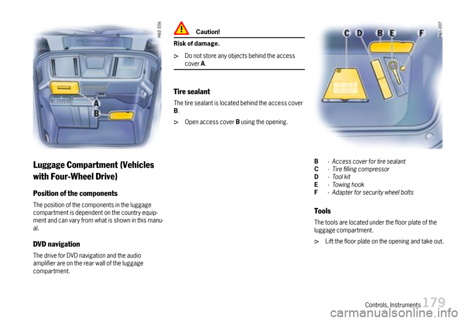 PORSCHE 911 CARRERA 2007 5.G Owners Manual LuggageCompartment(Vehicles
withFour-WheelDrive)
Positionofthecomponents
Thepositionofthecomponentsintheluggagecompartmentisdependentonthecountryequip-mentandcanvaryfromwhatisshowninthismanu-al.
DVDna