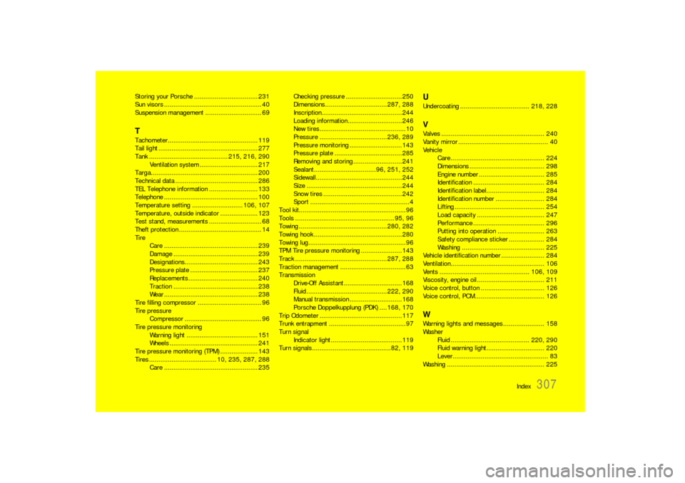 PORSCHE 911 CARRERA 2010 5.G Owners Manual Index
307
Storing your Porsche .................................. 231
Sun visors .................................................... 40
Suspension management .............................. 69TTachome