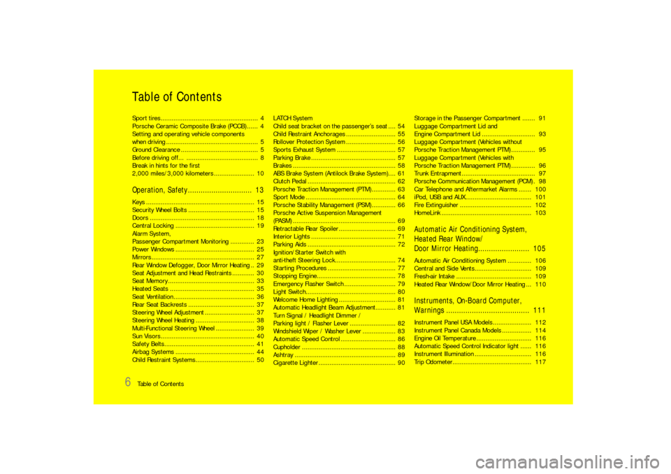 PORSCHE 911 CARRERA 2010 5.G Owners Manual 6
Table of ContentsTable of ContentsSport tires..................................................... 4
Porsche Ceramic Composite Brake (PCCB) ...... 4
Setting and operating vehicle components
when PORSCHE 911 CARRERA 2010 5.G Owners Manual 6
Table of ContentsTable of ContentsSport tires..................................................... 4
Porsche Ceramic Composite Brake (PCCB) ...... 4
Setting and operating vehicle components
when
