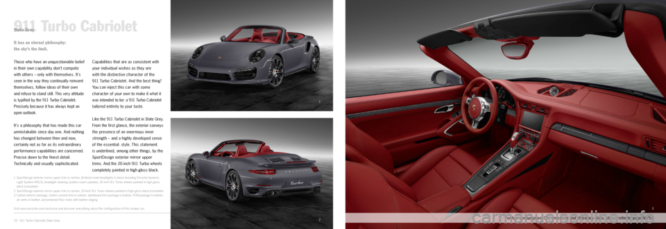 PORSCHE 911 CARRERA 2014 6.G Information Manual 1
23
911 Turbo CabrioletSlate Grey
Those who have an unquestionable belief
in
their own capability don’t compete
with others – only with themselves. It’s
seen in the way they continually r PORSCHE 911 CARRERA 2014 6.G Information Manual 1
23
911 Turbo CabrioletSlate Grey
Those who have an unquestionable belief
in
their own capability don’t compete
with others – only with themselves. It’s
seen in the way they continually r