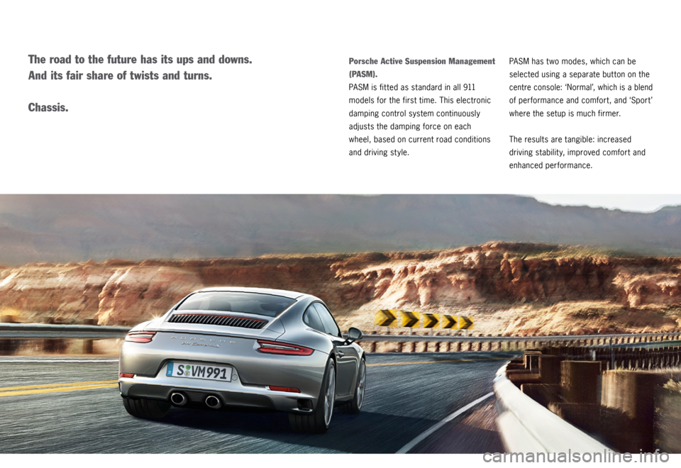 PORSCHE 911 CARRERA 4S 2015 6.G Information Manual   Porsche Active Suspension Management 
(PASM). 
PASM is fit ted as standard in all 911  
models for the first time. This electronic 
damping control system continuously 
adjusts the damping force on