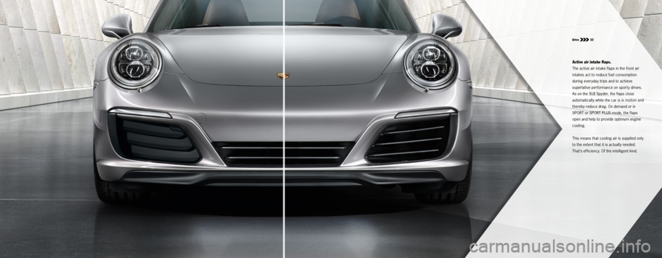 PORSCHE 911 CARRERA S 2015 6.G Information Manual Drive  33
Active air intake flaps. 
The active air intake flaps in the front air 
intakes act to reduce fuel consumption 
during everyday trips and to achieve 
superlative performance on sporty drive