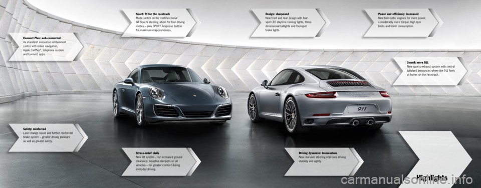 PORSCHE 911 CARRERA S 2015 6.G Information Manual Highlights
Driving dynamics: tremendous
New rear-axle steering improves driving
stability and agility.
Sound: more 911
New sports exhaust system with central
tailpipes announces where the 911 feels PORSCHE 911 CARRERA S 2015 6.G Information Manual Highlights
Driving dynamics: tremendous
New rear-axle steering improves driving
stability and agility.
Sound: more 911
New sports exhaust system with central
tailpipes announces where the 911 feels