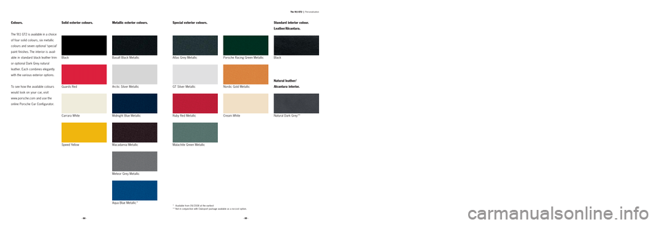 PORSCHE 911 GT2 2008 5.G Information Manual 
· 89 ·
· 88 ·

Metallic exterior colours.
Basalt Black Metallic
Arctic Silver Metallic
Midnight Blue Metallic
Macadamia Metallic
Meteor Grey Metallic
Aqua Blue Metallic*
Solid exterior colours.
B