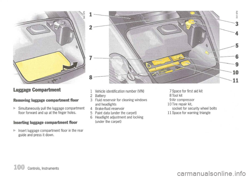 PORSCHE 911 GT3 2004 5.G Owners Manual 
Luggage Compartment

Removing luggagecompartment floor

c> 
Simultaneously pulltheluggage compartment
floor forward andupatthe finger holes.

Inserting luggagecompartment floor

c> 
Insert luggage co