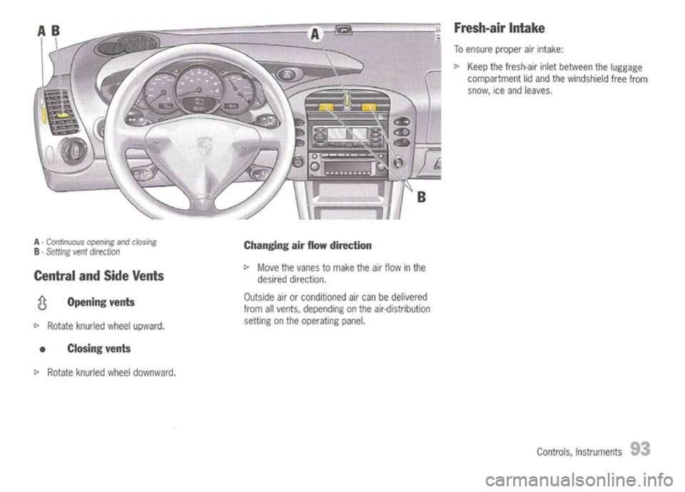 PORSCHE 911 GT3 2004 5.G Owners Manual 
Fresh-airIntake
To ensure properairintake:
~ Keep thefresh-air inletbetween theluggage
compartment lidand thewindshield freefrom
snow, iceand leaves.

A -Continuous openingandclosing

B -
Setting ven