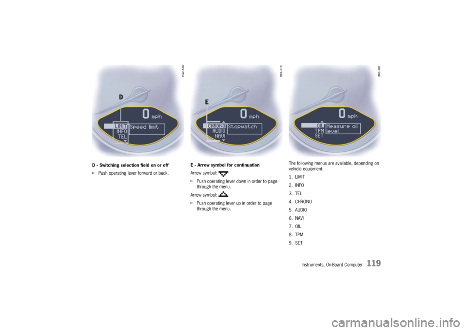 PORSCHE 911 GT3 2010 5.G Owners Manual Instruments, On-Board Computer
119
D - Switching selection field on or off
fPush operating lever forward or back.E - Arrow symbol for continuation
Arrow symbol: 
fPush operating lever down in order to