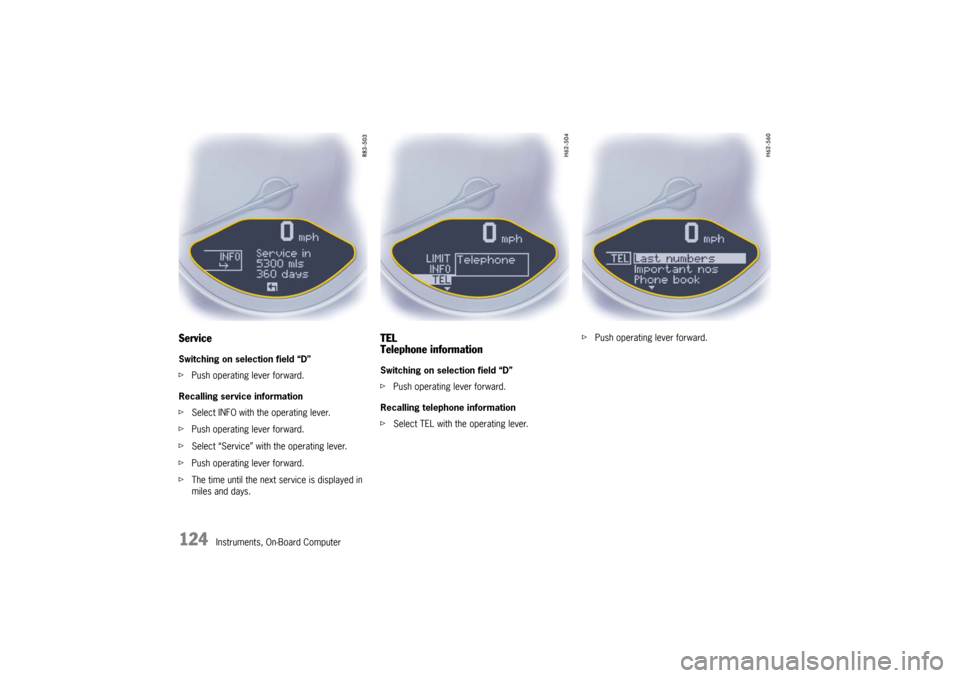 PORSCHE 911 GT3 2010 5.G Owners Manual 124
Instruments, On-Board Computer
ServiceSwitching on selection field “D”
fPush operating lever forward.
Recalling service information
fSelect INFO with the operating lever.
fPush operating lever