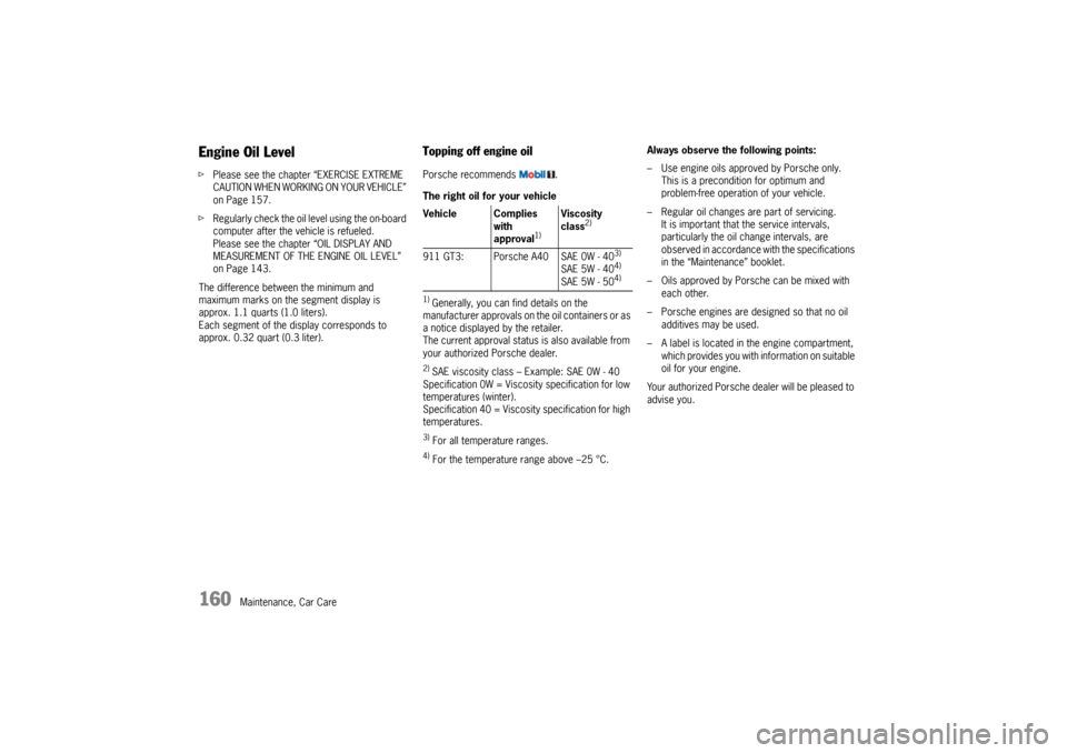 PORSCHE 911 GT3 2010 5.G Owners Manual 160
Maintenance, Car Care
Engine Oil Level fPlease see the chapter “EXERCISE EXTREME 
CAUTION WHEN WORKING ON YOUR VEHICLE” 
on Page 157.
fRegularly check the oil level using the on-board 
compute