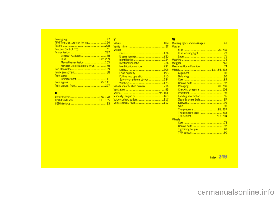 PORSCHE 911 GT3 2010 5.G Owners Manual Index
249
Towing lug ................................................... 87
TPM Tire pressure monitoring ...................... 134
Tracks ....................................................... 238
T