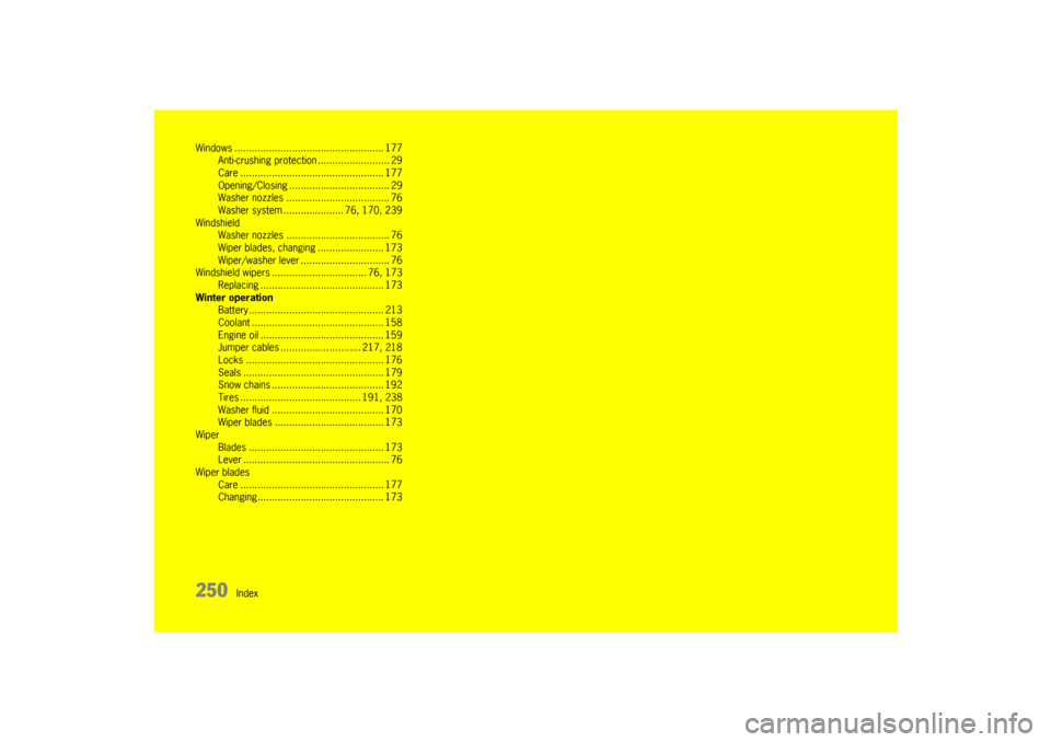 PORSCHE 911 GT3 2010 5.G Owners Manual 250
Index Windows .................................................... 177
Anti-crushing protection ......................... 29
Care .................................................. 177
Opening/Clo
