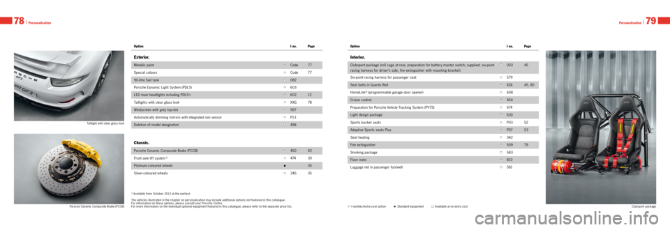 PORSCHE 911 GT3 2013 6.G Information Manual  I number/extra ­cost option•  Standard equipment■ Available at no extra cost
Taillight with clear glass look
1) Available from October 2013 at the earliest. 
 
The vehicles illustrated in the ch