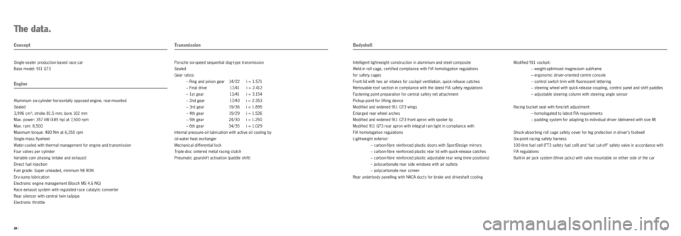 PORSCHE 911 GT3 CUP 2016 6.G Information Manual 20 |
     | 21 
Concept
Single-seater production-based race car 
Base model: 911 GT3
Engine
Aluminium six-cylinder horizontally opposed engine, rear-mounted 
Sealed 
3,996  cm
3; stroke 81.5 mm; bore 