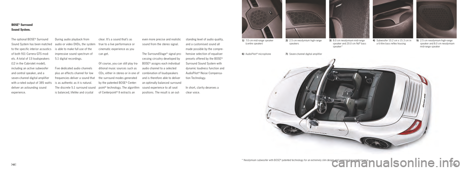 PORSCHE 911 GTS 2010 5.G Information Manual 23
3
1
5
5
4
6 7
2
During audio playback from
audio or video DVDs, the system
is able to make full use of the
impressive sound spectrum of
5.1 digital recordings.
Five dedicated audio channels
p PORSCHE 911 GTS 2010 5.G Information Manual 23
3
1
5
5
4
6 7
2
During audio playback from
audio or video DVDs, the system
is able to make full use of the
impressive sound spectrum of
5.1 digital recordings.
Five dedicated audio channels
p