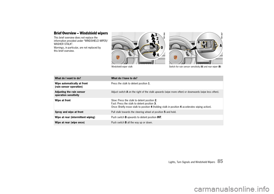 PORSCHE 911 TURBO 2014 6.G Manual Online Lights, Turn Signals and Windshield Wipers   85
Brief Overview – Windshield wipers
This brief overview does not replace the  information provided under “WINDSHIELD WIPER/WASHER STALK”. 
Warnings