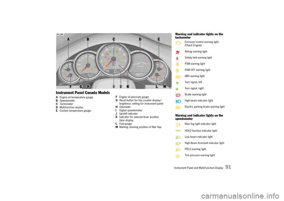 PORSCHE 911 TURBO 2014 6.G Owners Manual Instrument Panel and Multi-Function Display   91
Instrument Panel Canada Models
AEngine oil temperature gauge B Speedometer C Tachometer D Multi-function display E Coolant temperature gauge 
F Engine 