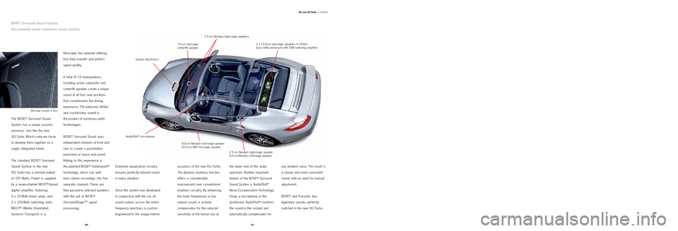 PORSCHE 911 TURBO 2004 4.G Information Manual The BOSE®Surround Sound
System has a unique acoustic
presence. Just like the new
911 Turbo. Which is why we chose
to develop them together as a
single, integrated whole.
The standard BOSE®Surround
PORSCHE 911 TURBO 2004 4.G Information Manual The BOSE®Surround Sound
System has a unique acoustic
presence. Just like the new
911 Turbo. Which is why we chose
to develop them together as a
single, integrated whole.
The standard BOSE®Surround