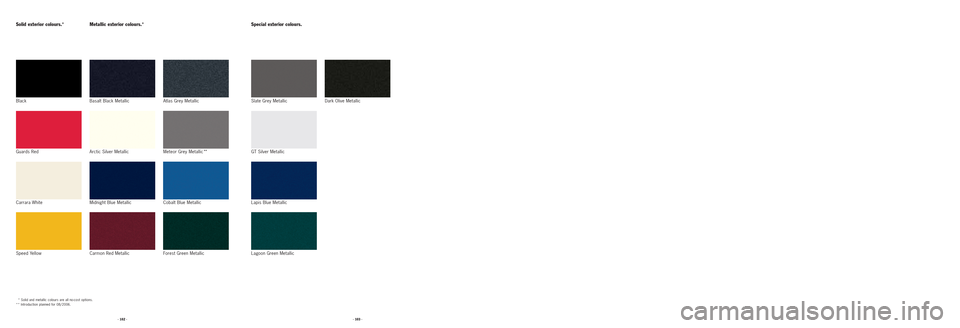 PORSCHE 911 TURBO 2004 4.G Information Manual Black
· 102 ·· 103 ·
Solid exterior colours.* 
Guards Red
Carrara White
Speed Yellow 
Basalt Black Metallic
Metallic exterior colours.*
Arctic Silver Metallic
Midnight Blue Metallic
Carmon Red Met