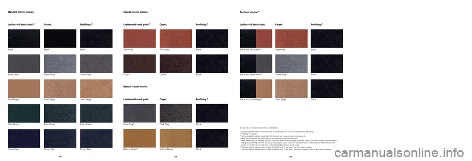 PORSCHE 911 TURBO 2004 4.G Information Manual · 106 · · 105 · · 104 ·
Black
Standard interior colours.
Stone Grey
Sand Beige
Palm Green
Ocean Blue
Leather/soft-touch paint.1)
Black
Stone Grey
Sand Beige
Palm Green
Ocean Blue
Carpet.
Black
S PORSCHE 911 TURBO 2004 4.G Information Manual · 106 · · 105 · · 104 ·
Black
Standard interior colours.
Stone Grey
Sand Beige
Palm Green
Ocean Blue
Leather/soft-touch paint.1)
Black
Stone Grey
Sand Beige
Palm Green
Ocean Blue
Carpet.
Black
S