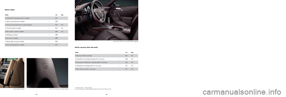 PORSCHE 911 TURBO 2004 4.G Information Manual Porsche Crest embossed on head restraint Passive (keyless) handset
· 114 ·· 115 ·
OptionI no. Page
• Extended trim package (doors) in leather•
•XTV
• 
Sports seat backrests in leather• �