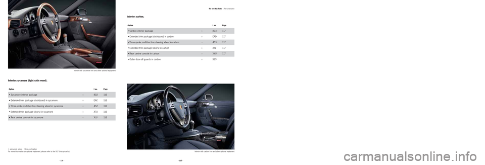 PORSCHE 911 TURBO 2004 4.G Information Manual · 116 ·· 117 ·
Interior with sycamore trim and other optional equipment
OptionI no. Page
• Sycamore interior package•
•802 116
• 
Extended trim package (dashboard) in sycamore• •EAC 11