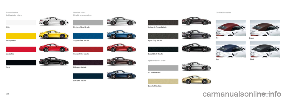 PORSCHE 911 TURBO 2013 6.G Information Manual 9192 Personality | Personalization
Mahogany Metallic
Standard colors.
Solid exterior colors. Standard colors.
Metallic exterior colors.
Black Amaranth Red Metallic
G u a rd s R e d Rhodium Silver PORSCHE 911 TURBO 2013 6.G Information Manual 9192 Personality | Personalization
Mahogany Metallic
Standard colors.
Solid exterior colors. Standard colors.
Metallic exterior colors.
Black Amaranth Red Metallic
G u a rd s R e d Rhodium Silver