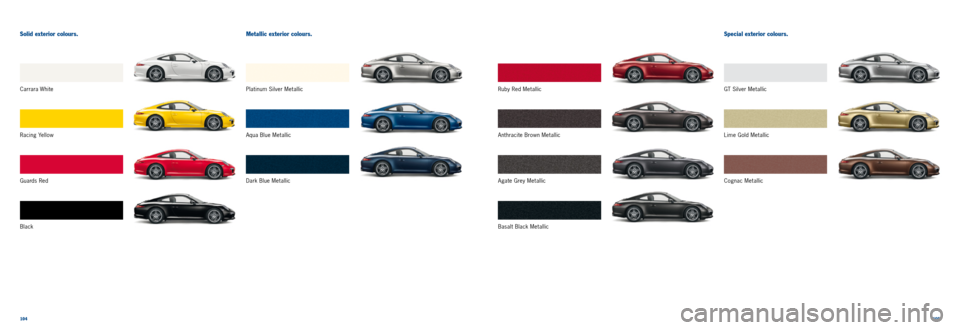PORSCHE 911 CARRERA 2011 6.G Information Manual 104105
Solid exterior colours.Metallic exterior colours. Special exterior colours.
Black Basalt Black MetallicLime Gold Metallic
Ruby Red Metallic
G u a rd s R e d Platinum Silver Metallic
GT Silver PORSCHE 911 CARRERA 2011 6.G Information Manual 104105
Solid exterior colours.Metallic exterior colours. Special exterior colours.
Black Basalt Black MetallicLime Gold Metallic
Ruby Red Metallic
G u a rd s R e d Platinum Silver Metallic
GT Silver