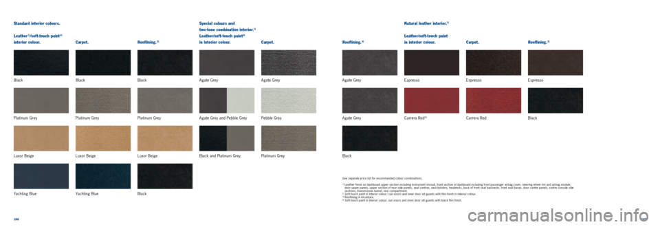 PORSCHE 911 CARRERA 2011 6.G Information Manual 106107 
Standard interior colours. 
Leather
 1)/soft-touch paint 2) 
interior colour. Natural leather interior.
1)
Leather/soft-touch paint 
 
in interior colour.
Special colours and
 
two-tone combin