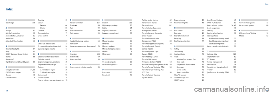 PORSCHE 911 CARRERA 2011 6.G Information Manual 122123 
Index
# 
‘911’ badge 
108
A 
Airbags 63
Anti-theft protection  78
Audio interface, universal  83
AudioPilot
® 84
Auto start/stop function  31
B 
Bi-Xenon headlights   64
Body  40
BOSE
® 
