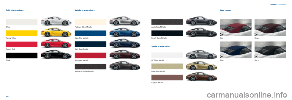 PORSCHE 911 CARRERA 2011 6.G Information Manual 122123
Solid exterior colours.Metallic exterior colours. Hood colours.
Black
Blue Red Brown
Black Mahogany Metallic
G u a rd s R e d Platinum Silver Metallic
White
Dark Blue Metallic Aqua Blue Metal PORSCHE 911 CARRERA 2011 6.G Information Manual 122123
Solid exterior colours.Metallic exterior colours. Hood colours.
Black
Blue Red Brown
Black Mahogany Metallic
G u a rd s R e d Platinum Silver Metallic
White
Dark Blue Metallic Aqua Blue Metal