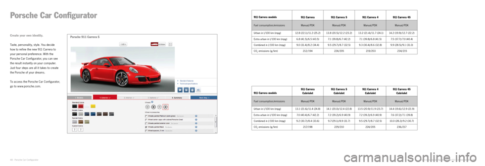 PORSCHE 911 CARRERA EXCLUSIVE 2012 6.G Information Manual Fuel consumption figures for the 911 Carrera models · 49
Porsche Car Configurator
Taste, personalit y, st yle. You decide   
how to refine the new 911  Carrera to   
your personal preference. With th