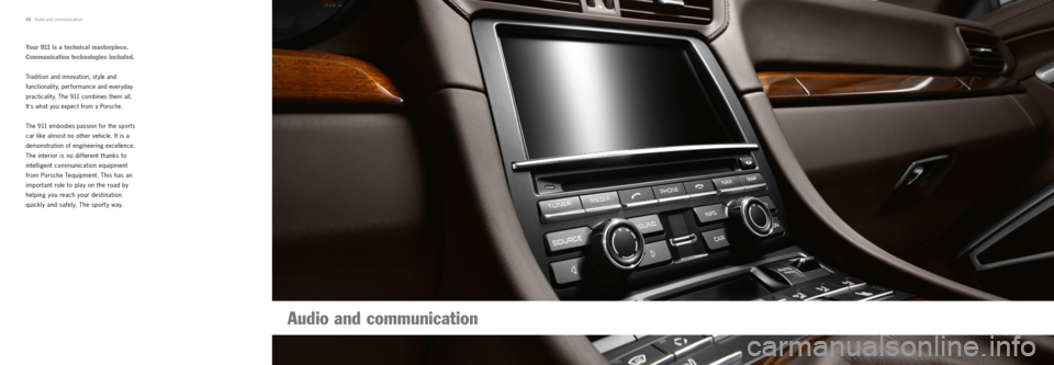 PORSCHE 911 CARRERA 2012 6.G Information Manual Your 911 is a technical masterpiece.
Communication technologies included.
Tradition and innovation, style and
functionality, performance and everyday
practicality. The 911 combines them all.
Its PORSCHE 911 CARRERA 2012 6.G Information Manual Your 911 is a technical masterpiece.
Communication technologies included.
Tradition and innovation, style and
functionality, performance and everyday
practicality. The 911 combines them all.
Its