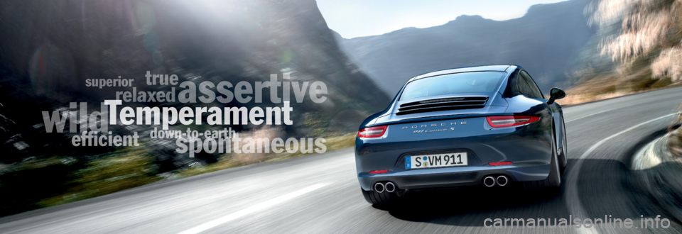 PORSCHE 911 CARRERA 2013 6.G Information Manual 
ef\037cient 
wild 
relaxed 
superior 
true 
spontaneous 
assertive 
down-to- 
T  