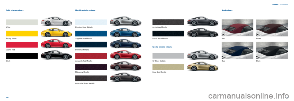 PORSCHE 911 CARRERA 2013 6.G Information Manual 122123
Solid exterior colours.Metallic exterior colours. Hood colours.
Black
Blue Red Brown
Black G u a rd s R e d White
Ra c i n g Ye l l o w
Special exterior colours.
Basalt Black Metallic
Lime Go PORSCHE 911 CARRERA 2013 6.G Information Manual 122123
Solid exterior colours.Metallic exterior colours. Hood colours.
Black
Blue Red Brown
Black G u a rd s R e d White
Ra c i n g Ye l l o w
Special exterior colours.
Basalt Black Metallic
Lime Go
