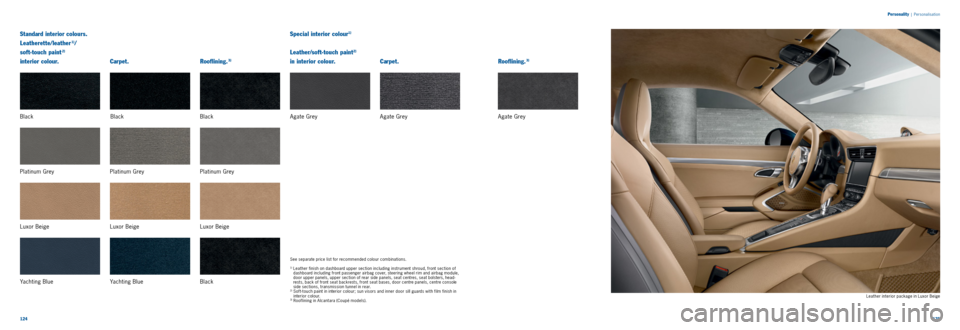 PORSCHE 911 CARRERA 2013 6.G Information Manual 124125
Standard interior colours.
Leatherette/leather
1)/
soft-touch paint
2)
interior colour. Special interior colour
1)
Leather/soft-touch paint
2)
in interior colour.
Carpet.
PORSCHE 911 CARRERA 2013 6.G Information Manual 124125
Standard interior colours.
Leatherette/leather
1)/
soft-touch paint
2)
interior colour. Special interior colour
1)
Leather/soft-touch paint
2)
in interior colour.
Carpet.