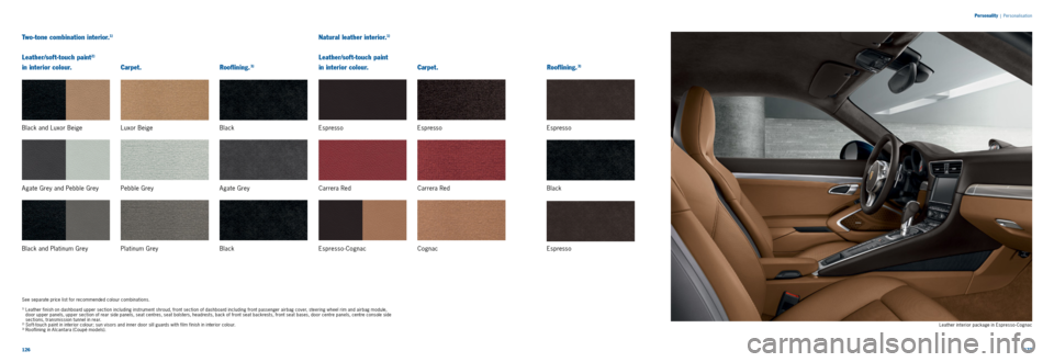 PORSCHE 911 CARRERA 2013 6.G Information Manual 126127 
Leather interior package in Espresso­Cognac
Natural leather interior.1)
Leather/soft-touch paint   
in interior colour.  
 
 
Carpet.  
 
 
Rooflining.
 3)
Espresso
Espresso
Cognac Carrera Re