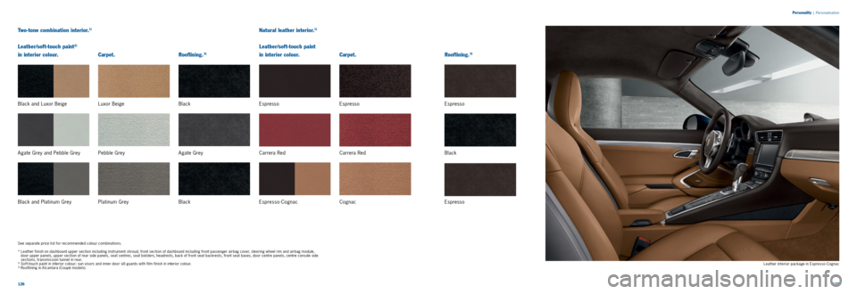 PORSCHE 911 CARRERA 2013 6.G Information Manual 126127
Leather interior package in EspressoCognac
Natural leather interior.1)
Leather/soft-touch paint
in interior colour.
Carpet.
Rooflining.
3)
Espresso
Espresso
Cognac Carrera Re PORSCHE 911 CARRERA 2013 6.G Information Manual 126127
Leather interior package in EspressoCognac
Natural leather interior.1)
Leather/soft-touch paint
in interior colour.
Carpet.
Rooflining.
3)
Espresso
Espresso
Cognac Carrera Re