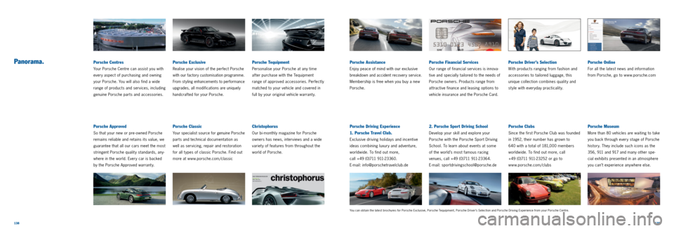 PORSCHE 911 CARRERA 2013 6.G Information Manual 138139
Panorama.
You can obtain the latest brochures for Porsche Exclusive, Porsche Tequipment, Porsche Driver’s Selection and Porsche Driving Experience from your Porsche Centre.
Porsche Financial PORSCHE 911 CARRERA 2013 6.G Information Manual 138139
Panorama.
You can obtain the latest brochures for Porsche Exclusive, Porsche Tequipment, Porsche Driver’s Selection and Porsche Driving Experience from your Porsche Centre.
Porsche Financial