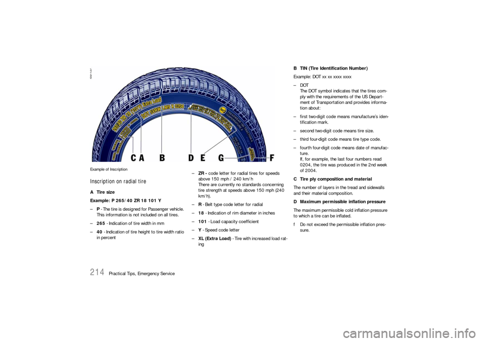 PORSCHE BOXSTER 2005 2.G Owners Manual 214
Practical Tips, Emergency Service
Example of InscriptionInscription on radial tireATire size
Example: P 265/40 ZR 18 101 Y 
–P - The tire is designed for Passenger vehicle. 
This information is 