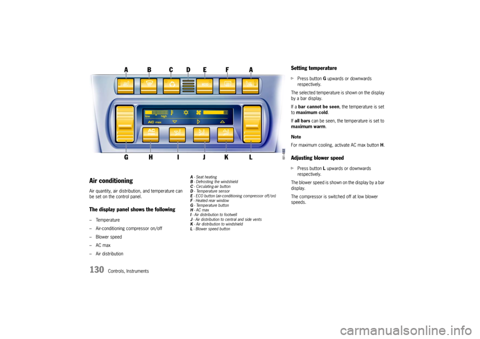 PORSCHE BOXSTER 2006 2.G Owners Manual 130
Controls, Instruments
Air conditioningAir quantity, air distribution, and temperature can 
be set on the control panel.The display panel shows the following– Temperature
– Air-conditioning com