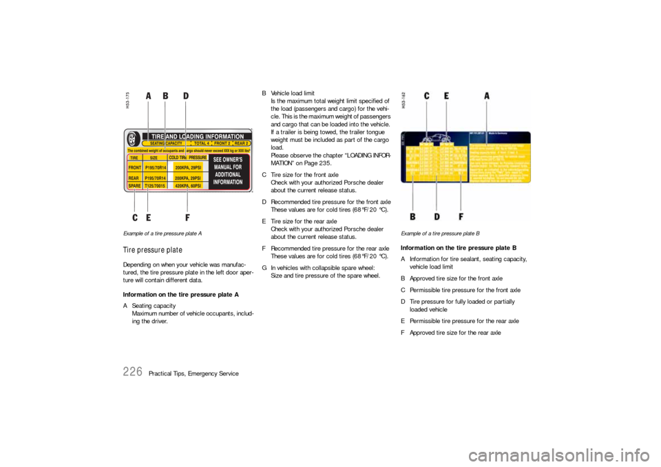 PORSCHE BOXSTER 2006 2.G Owners Manual 226
Practical Tips, Emergency Service
Example of a tire pressure plate ATire pressure plateDepending on when your vehicle was manufac-
tured, the tire pressure plate in the left door aper-
ture will c