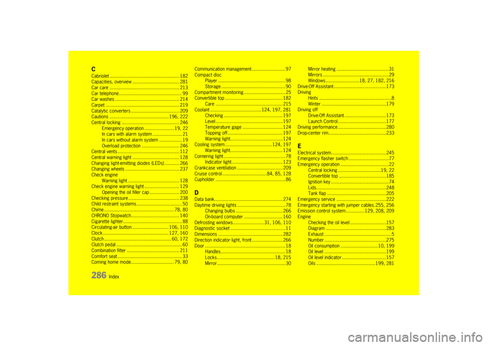 PORSCHE BOXSTER 2009 2.G Owners Manual 286 
Index
CCabriolet .................................................... 182
Capacities, overview ... ................................ 281
Car care ........................ .........................