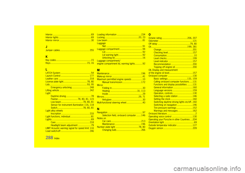 PORSCHE BOXSTER 2009 2.G Owners Manual 288
Index
Interior
....................... .................................. 69
Interior lights ......... ....................................... 69
Interior mirror ............. ................... PORSCHE BOXSTER 2009 2.G Owners Manual 288
Index
Interior
....................... .................................. 69
Interior lights ......... ....................................... 69
Interior mirror ............. ...................