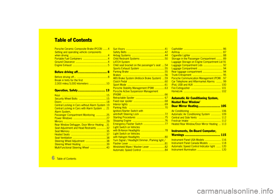 PORSCHE BOXSTER 2009 2.G Owners Manual 6
Table of ContentsTable of ContentsPorsche Ceramic Composite Brake (PCCB)  ...... 4
Setting and operating vehicle components 
when driving  .................................................. 4
Portab