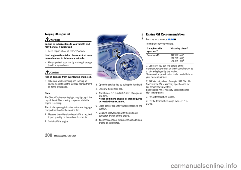 PORSCHE BOXSTER S 2010 2.G Owners Manual 200
Maintenance, Car Care
Topping off engine oil
 Warning! 
Engine oil is hazardous to your health and 
may be fatal if swallowed. 
f Keep engine oil out of children’s reach.
Used engine oil contain