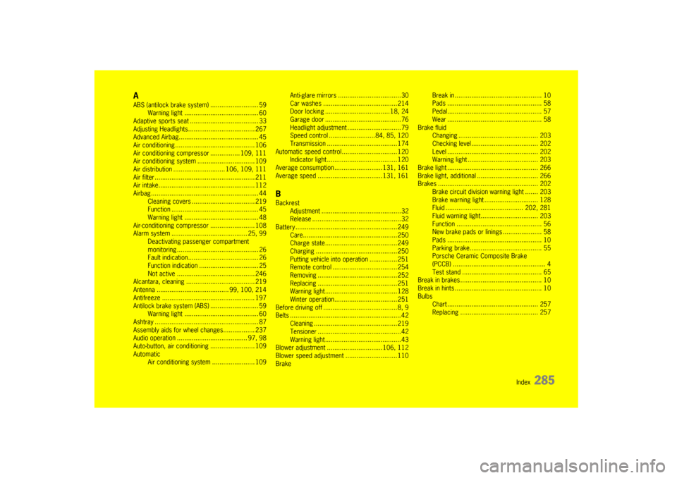 PORSCHE BOXSTER S 2010 2.G Owners Manual                                    Index  
285
AABS (antilock brake system) .......................... 59
Warning light .......... .............................. 60
Adaptive sports seat ..............