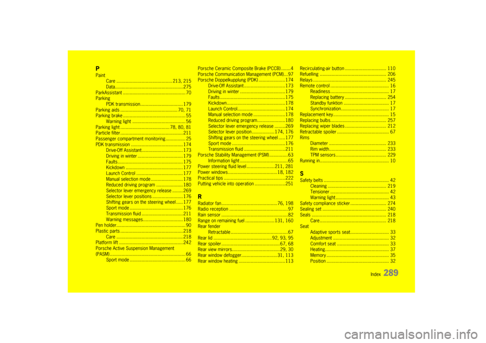 PORSCHE BOXSTER S 2010 2.G Owners Manual                                    Index  
289
PPaintCare .......................... ................ 213, 215
Data............... ......................... ........... 275
ParkAssistant .............