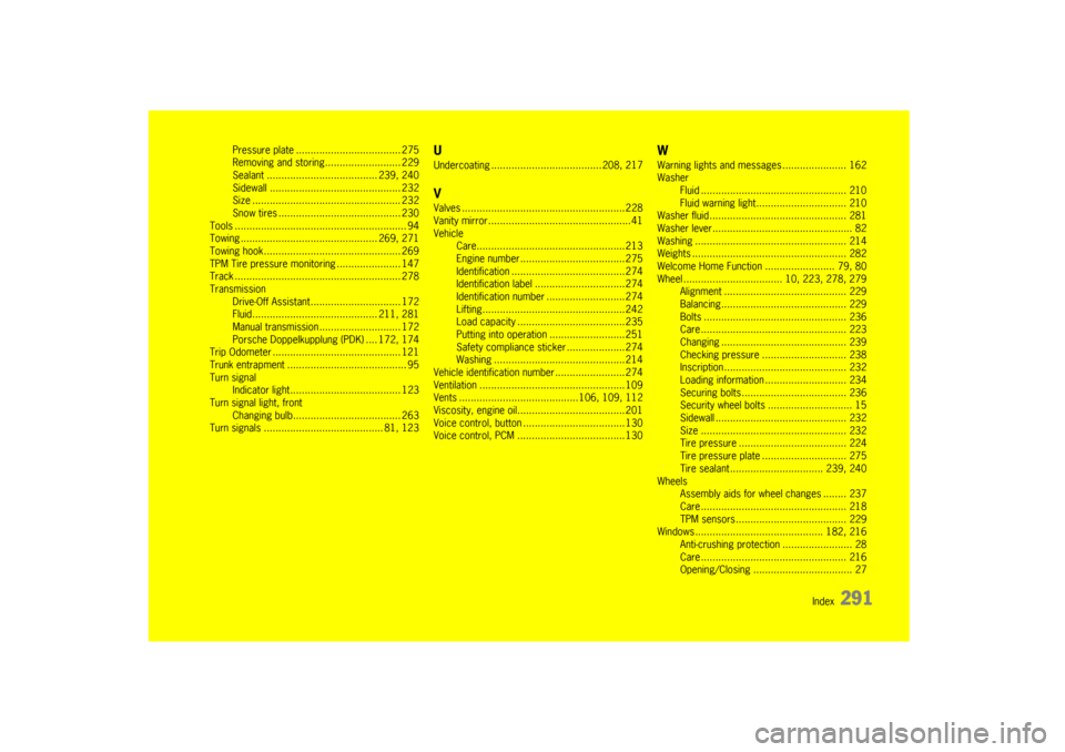 PORSCHE BOXSTER S 2010 2.G Owners Manual                                    Index  
291
Pressure plate .................................... 275
Removing and storing.......................... 229
Sealant ...................... ...............