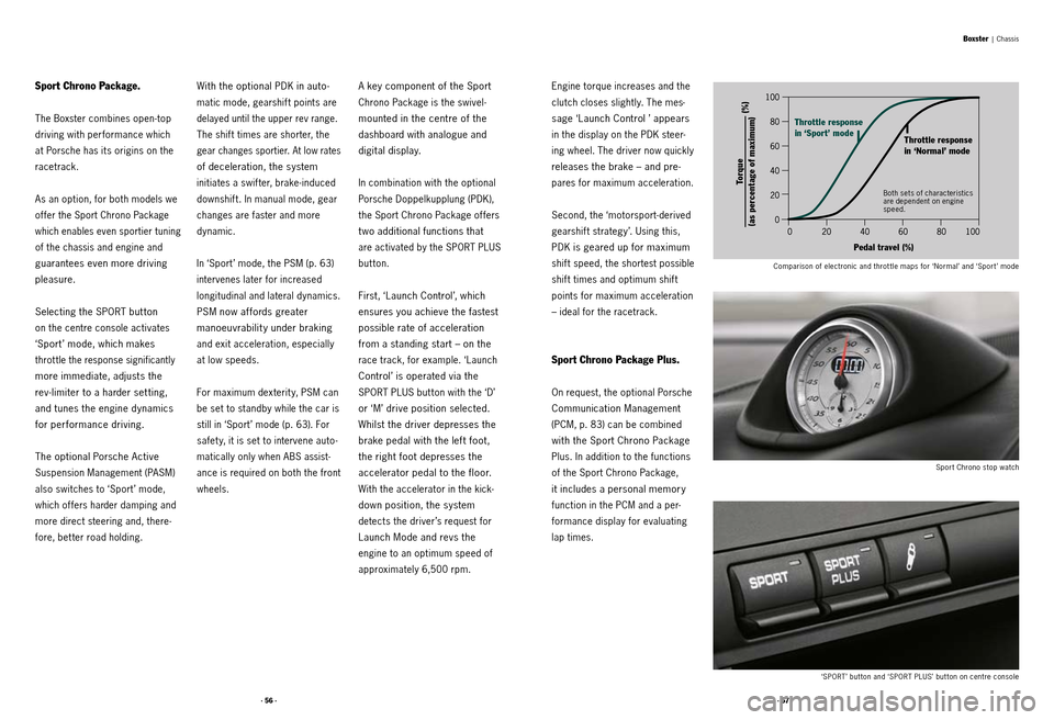 PORSCHE BOXSTER S 2010 2.G Information Manual · 56 ·· 57 ·
Sport Chrono Package.
The Boxster combines open -top
driving with performance which
at Porsche has its origins on the
racetrack.
As an option, for both models we
offer the Sport PORSCHE BOXSTER S 2010 2.G Information Manual · 56 ·· 57 ·
Sport Chrono Package.
The Boxster combines open -top
driving with performance which
at Porsche has its origins on the
racetrack.
As an option, for both models we
offer the Sport