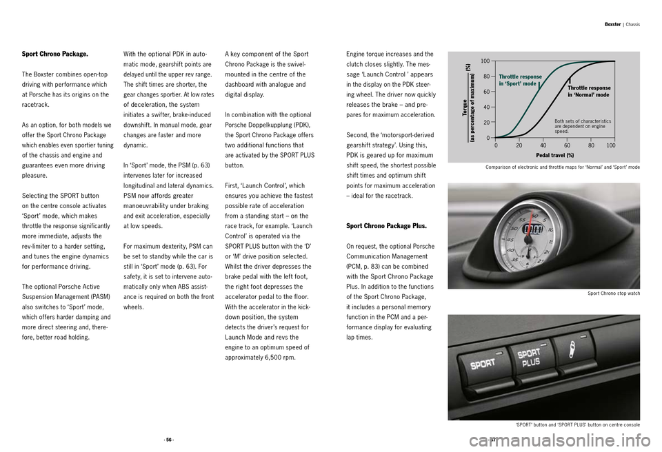 PORSCHE BOXSTER S 2010 2.G Information Manual · 56 ·· 57 ·
Sport Chrono Package.
The Boxster combines open -top 
driving with performance which  
at Porsche has its origins on the 
racetrack.
As an option, for both models we 
offer the Sport 